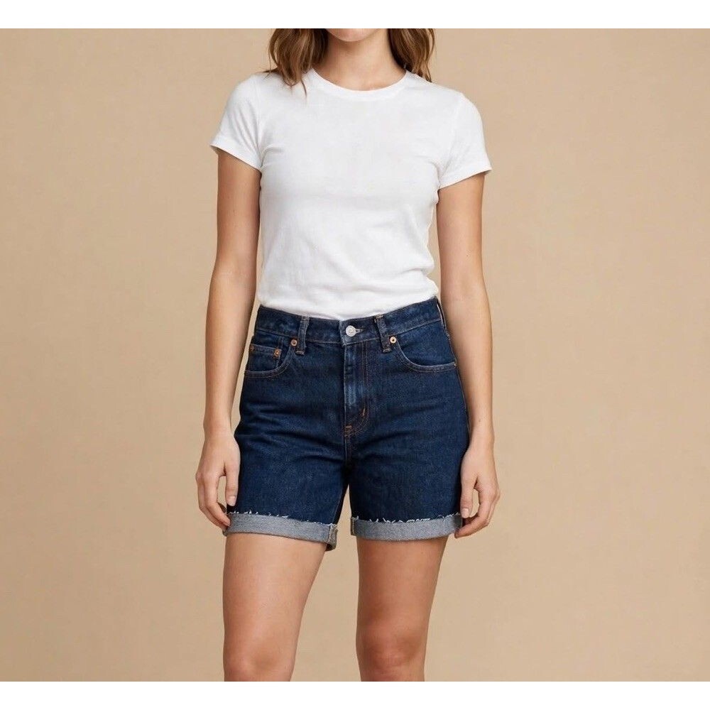 Arizona Jean Co. Womens Dark Wash Denim Bermuda Shorts High Rise Cuffed Sz 5